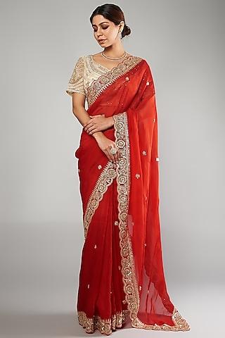 red organza sequins embellished saree set