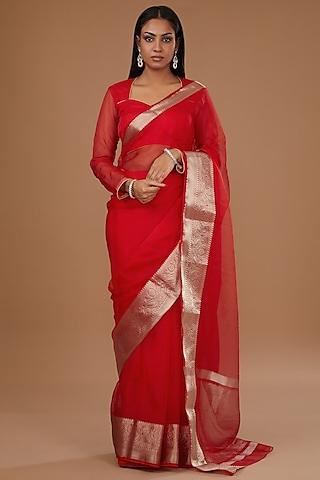 red organza weave embroidered saree set