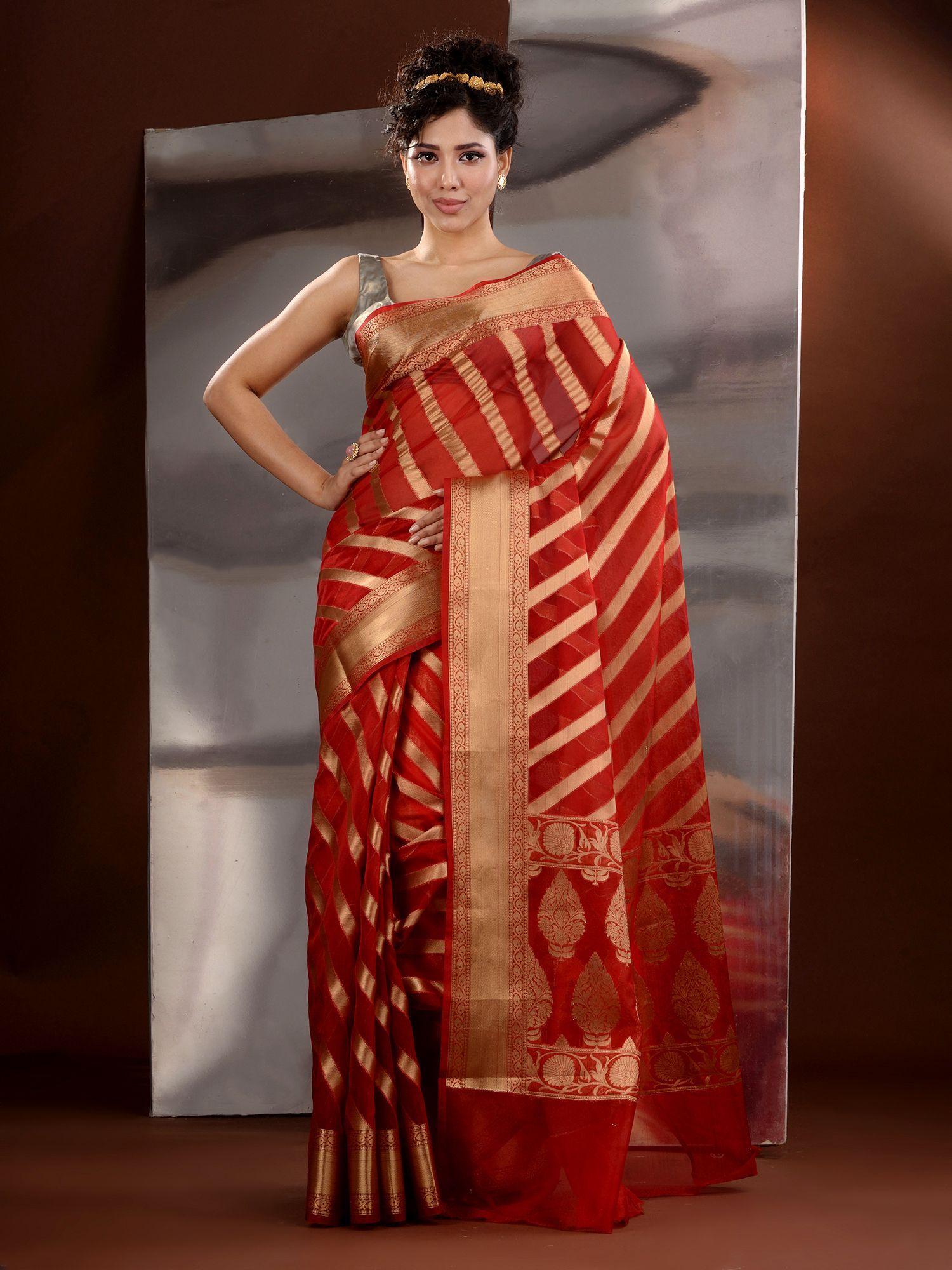 red organza zari handwoven saree with unstitched blouse