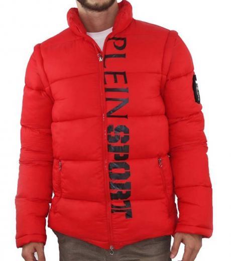 red padded vertical logo jacket