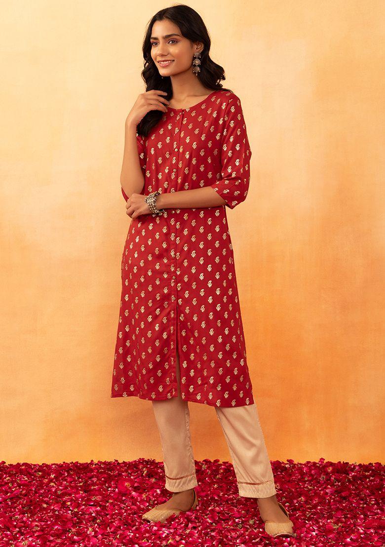 red paisley foil print rayon kurta