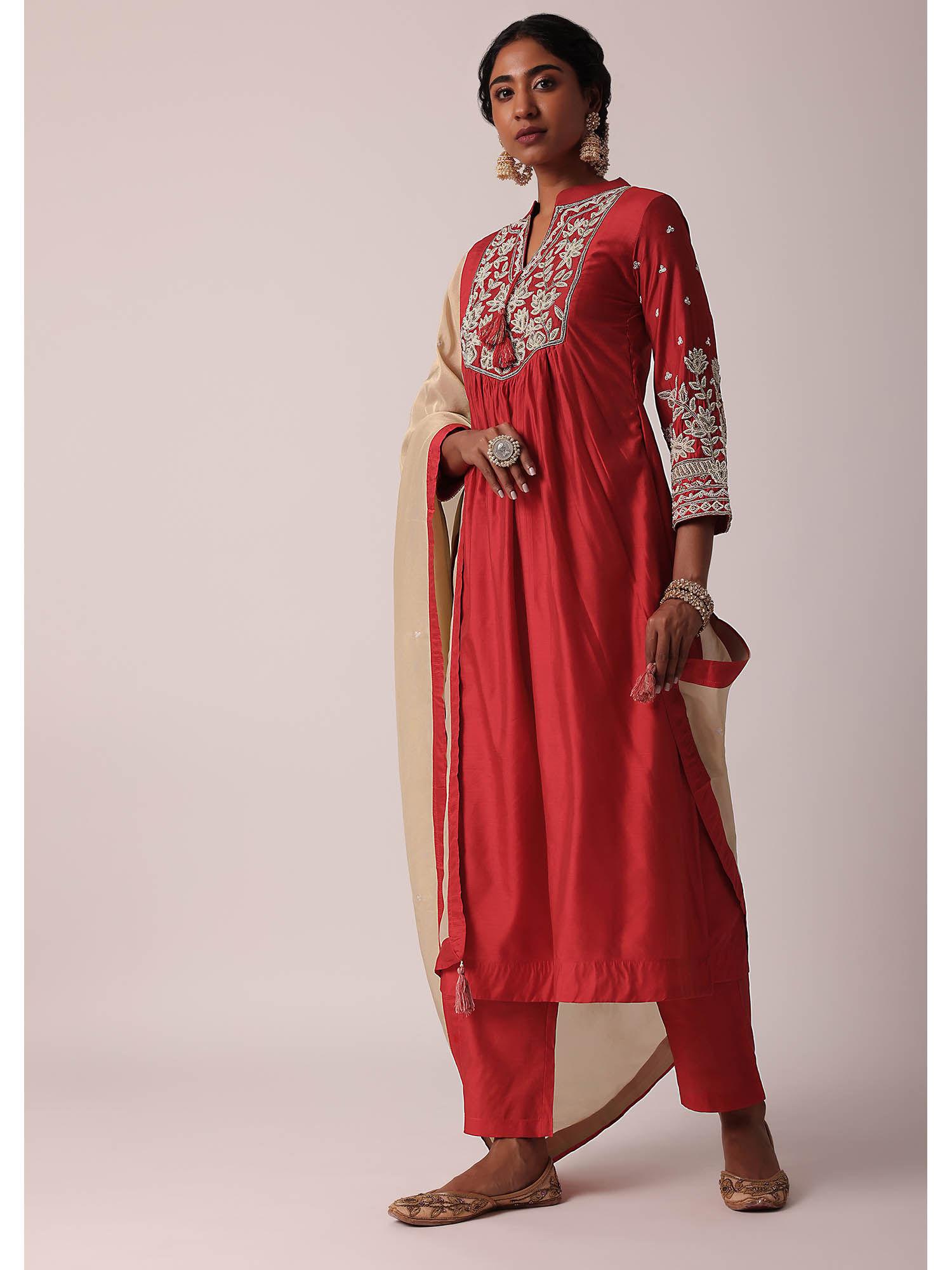 red pant in cotton silk with pearl work kurta & dupatta (set of 3)