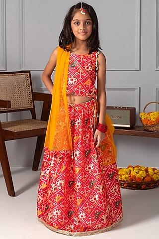 red patola printed lehenga set for girls