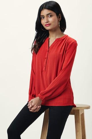 red patterned casual full sleeves band collar women comfort fit tunic