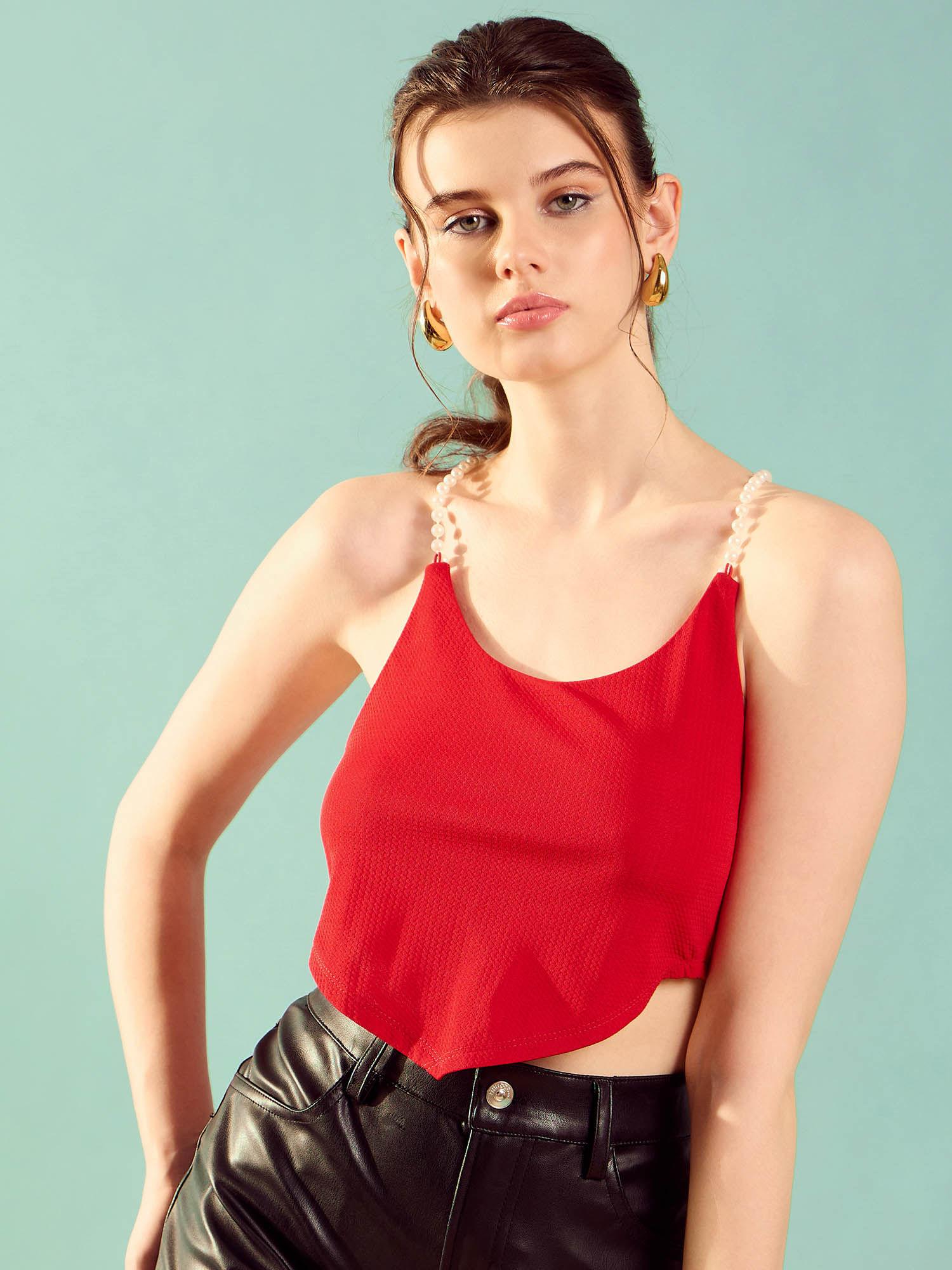 red pearl strap handkerchief style crop top