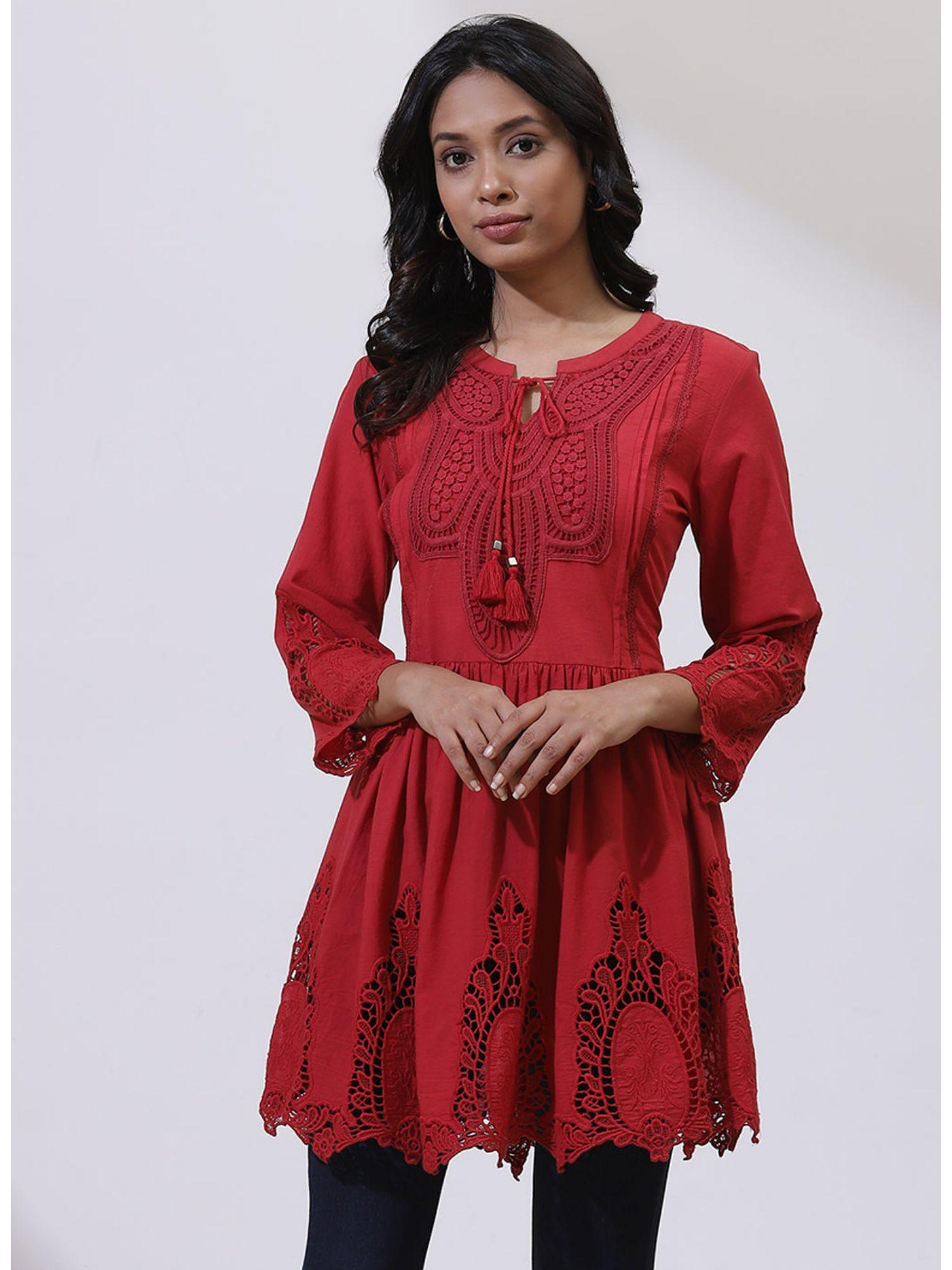 red phool collection tunic with schiffli embroidery