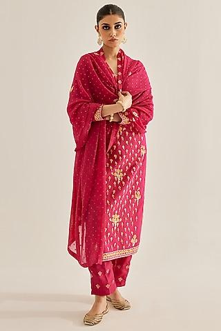 red-pink silk chanderi thread embroidered kurta set