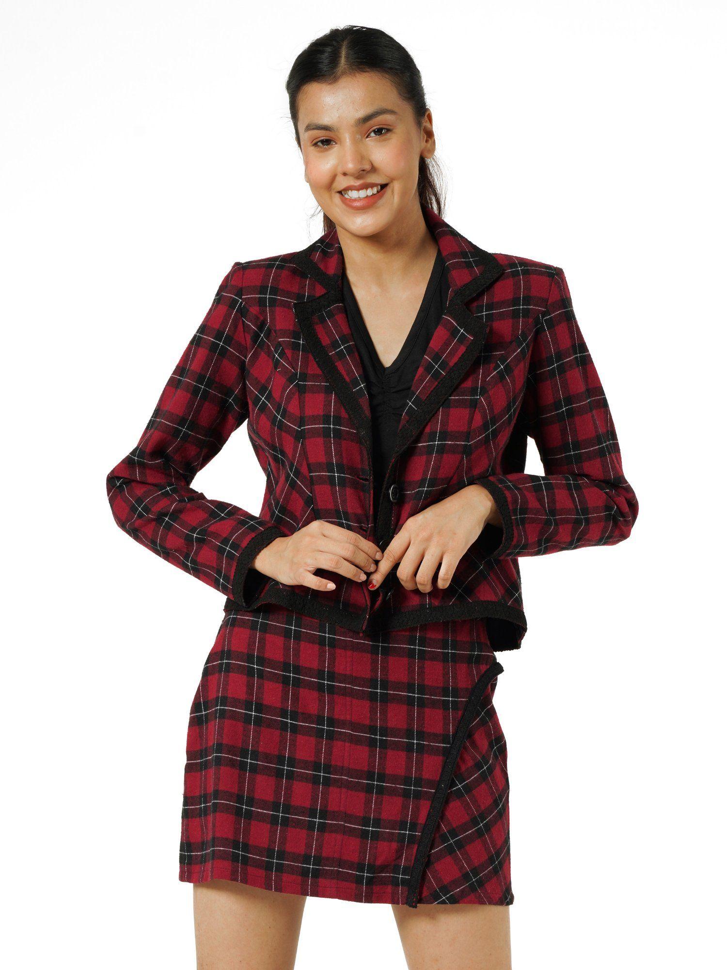 red plaid checks yarn dyed cotton jacket & skirt (set of 2)