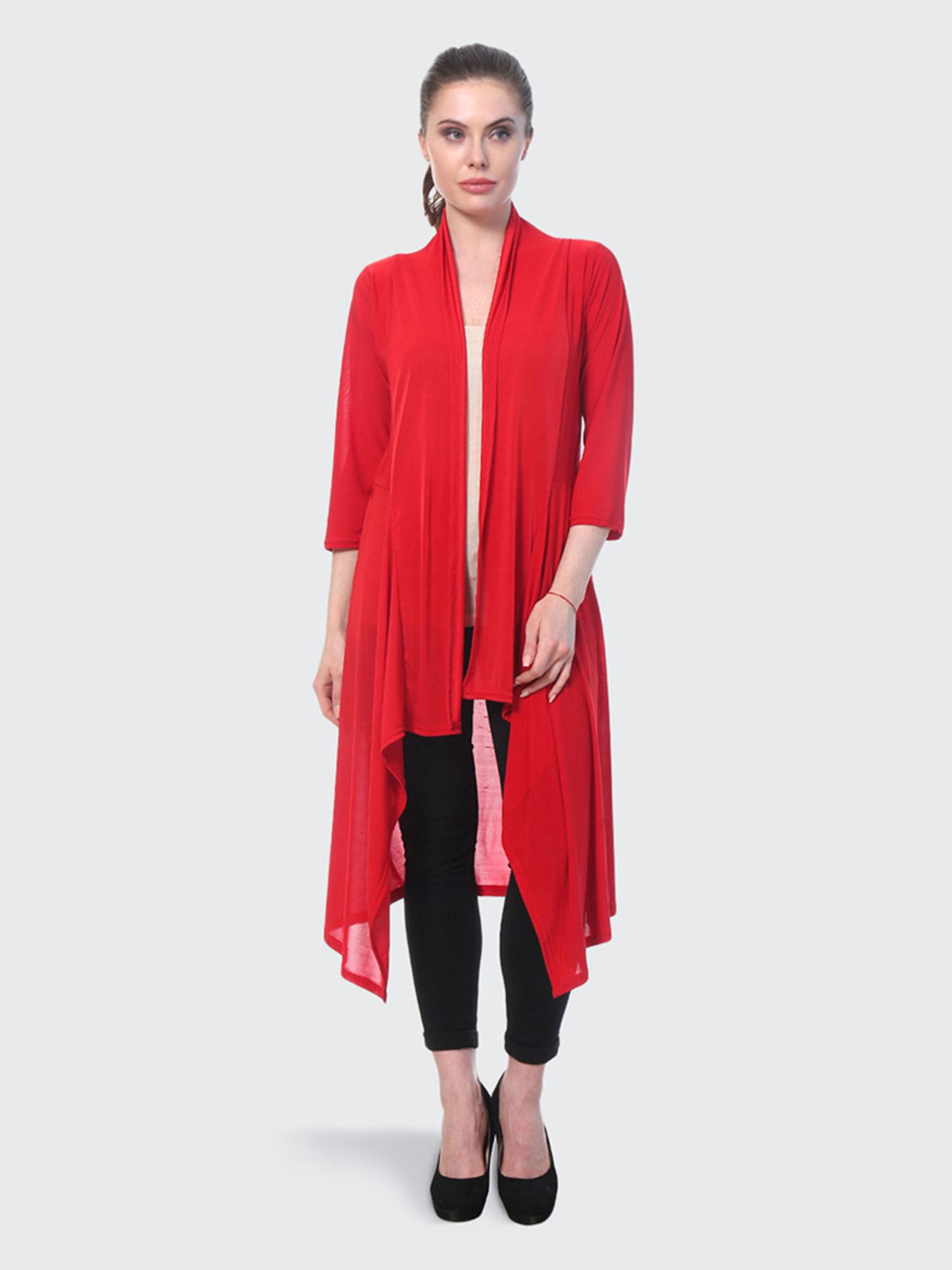 red plain hosiery lycra long shrug for women