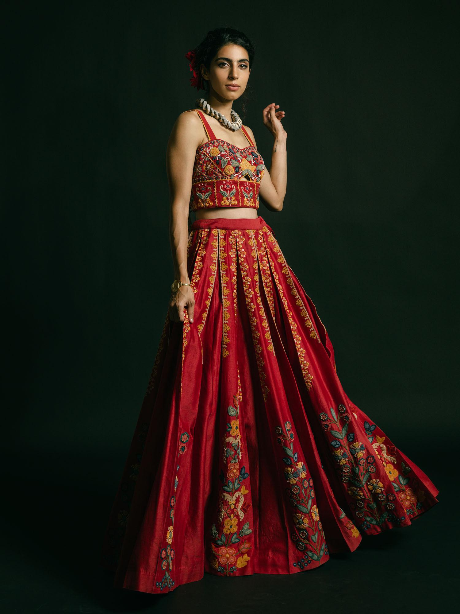 red pleated embroidered lehenga