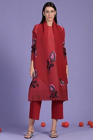 red pleated fabric floral printed tunic set