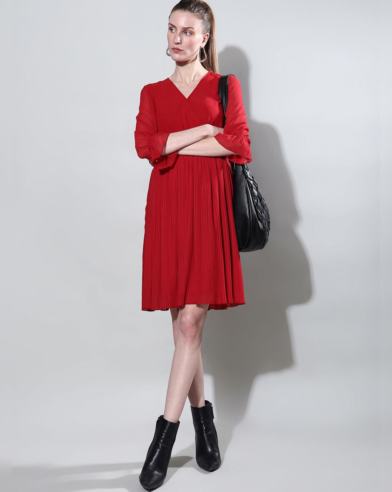 red pleated fit & flare dress