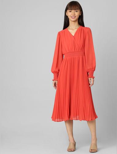 red pleated midi dress