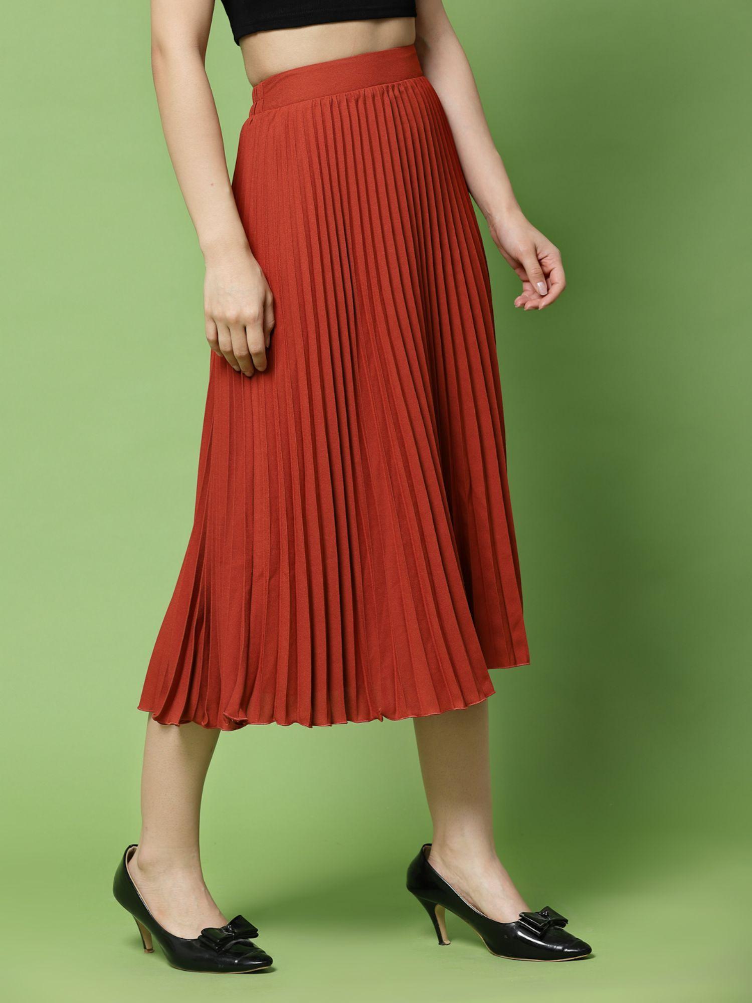 red pleated midi skirt