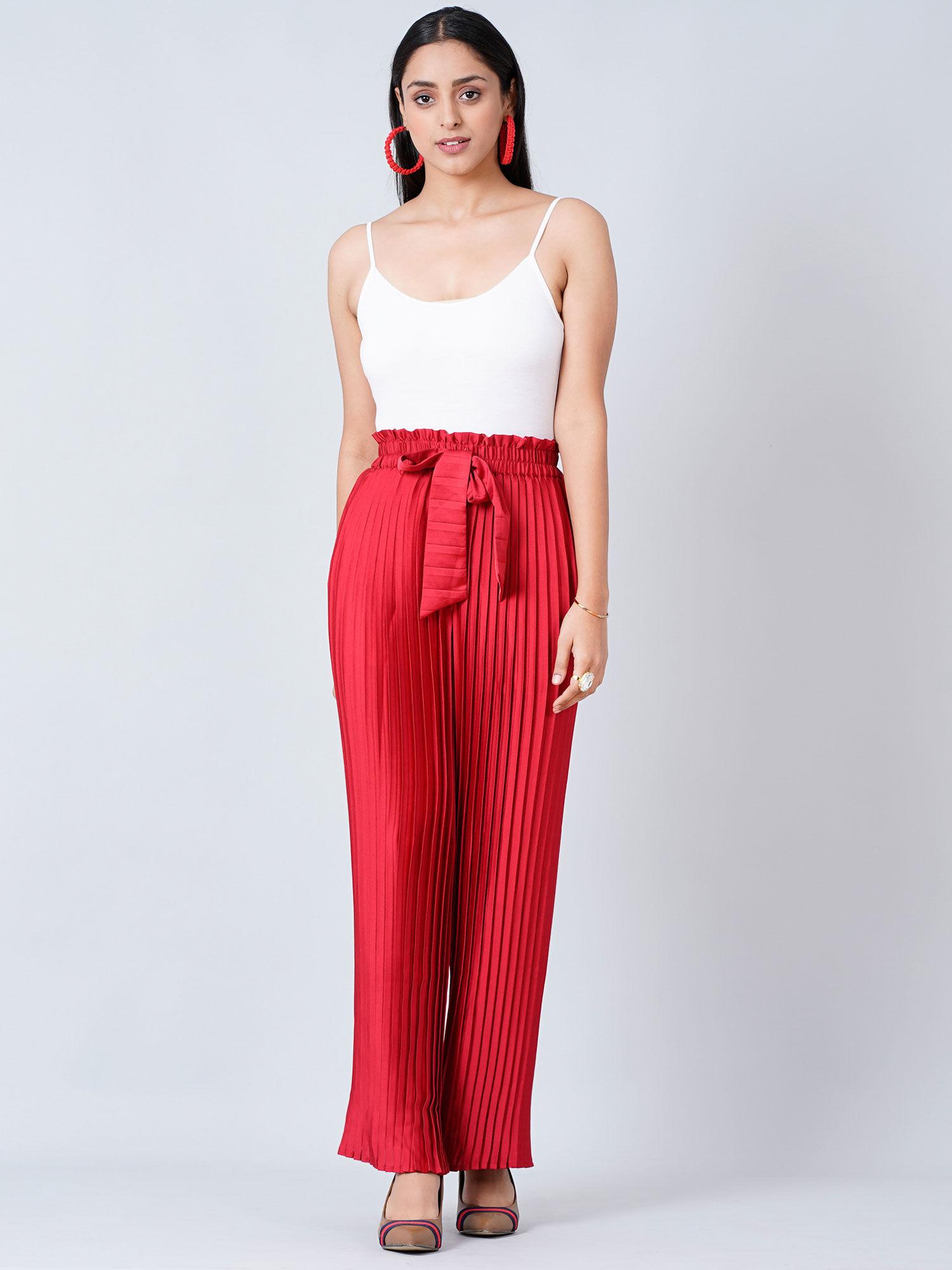 red pleated palazzo