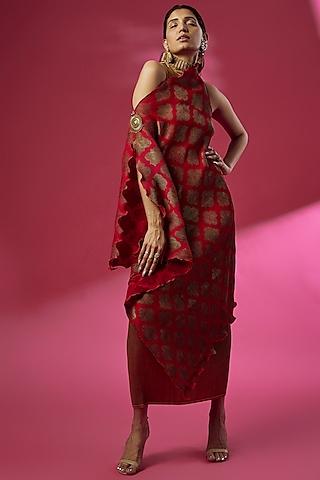 red pleated polyester printed dress with drape