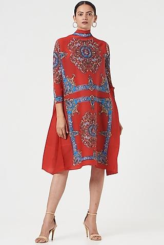 red pleated polyester printed dress