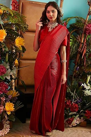 red pleated pre-stitched saree set