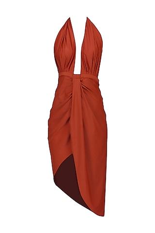 red plunge neck salmon dress