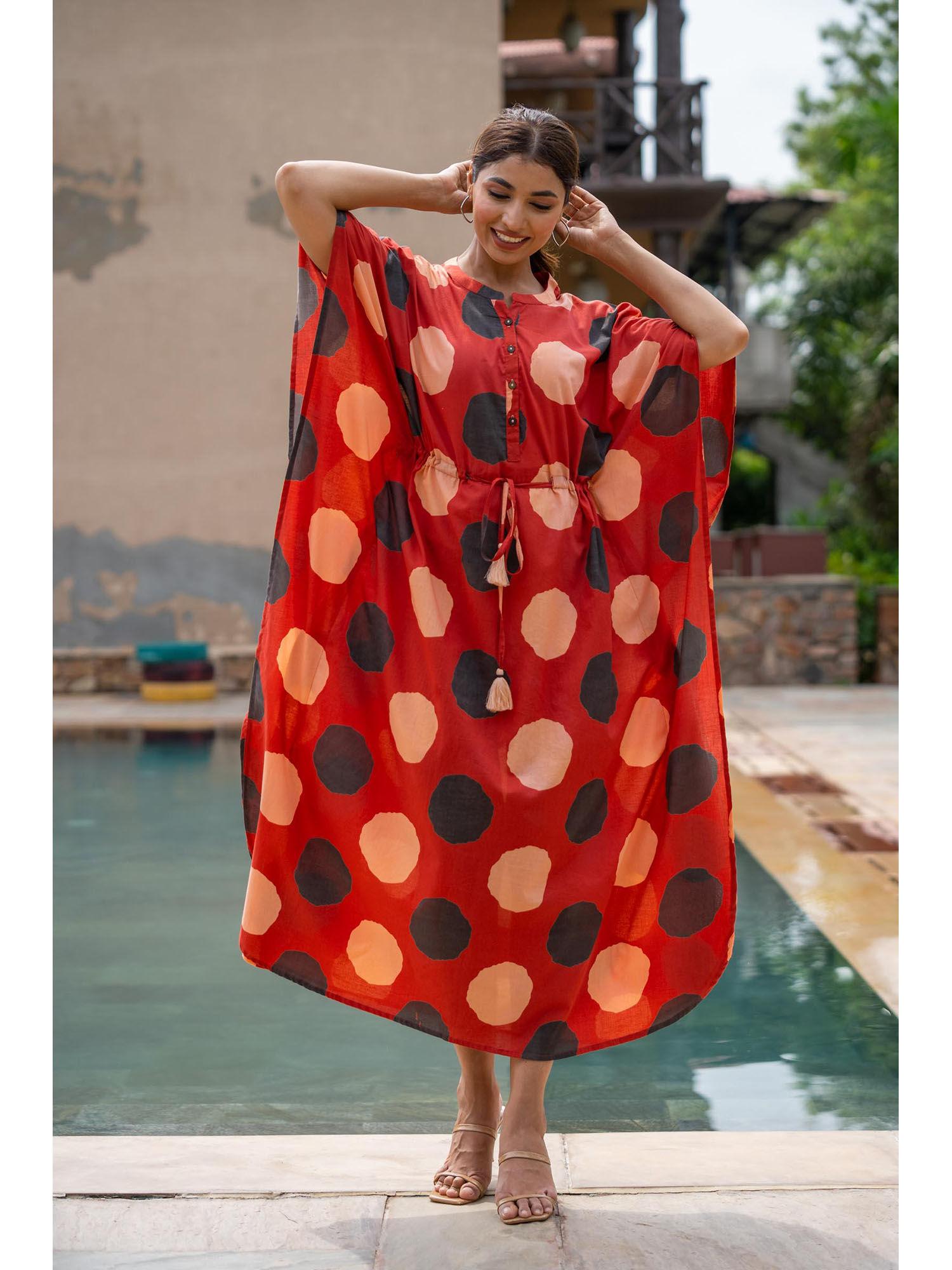 red polka block printed kaftan dress