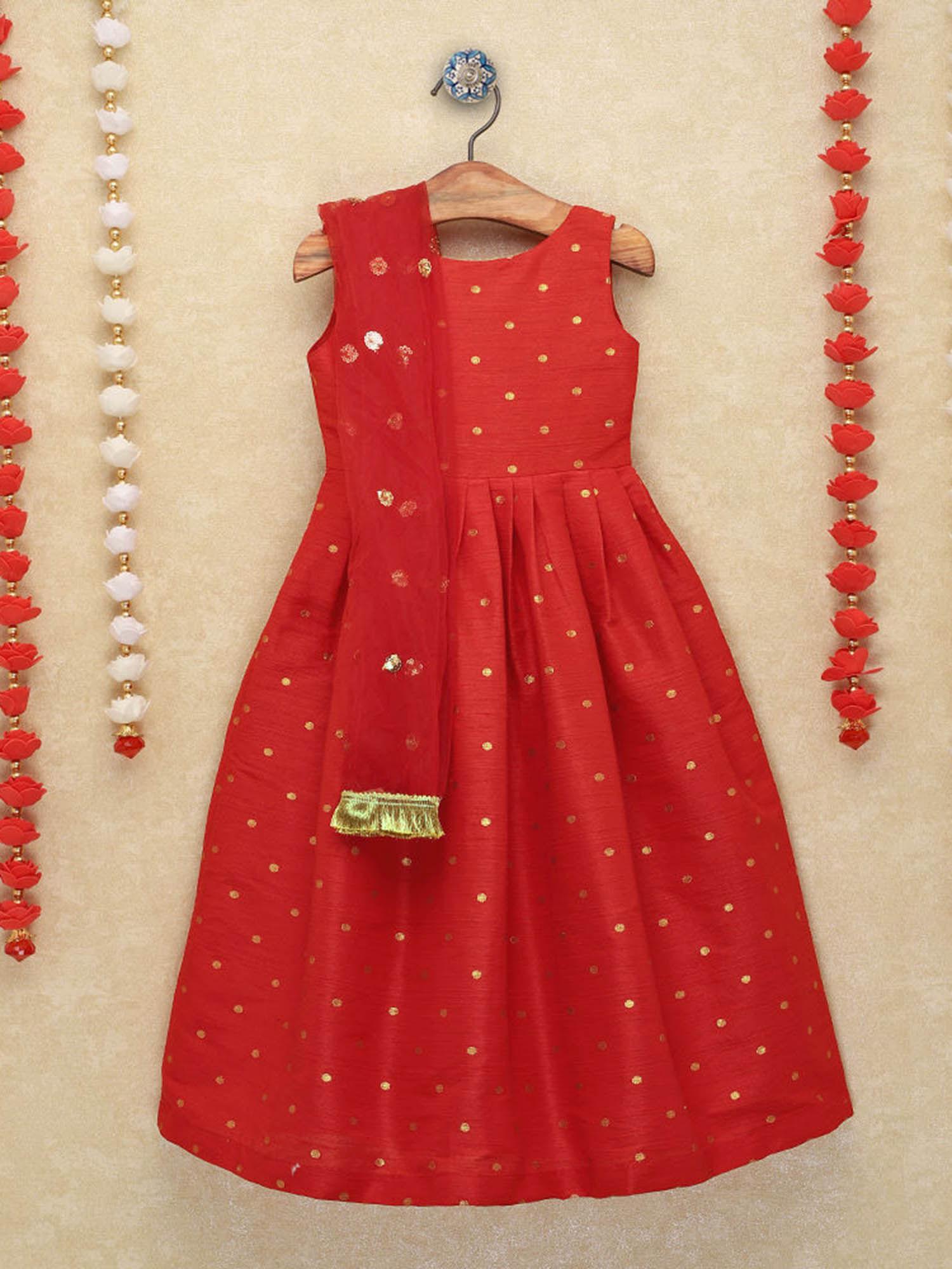 red polka dot sleeveless indian gown with dupatta (set of 2)