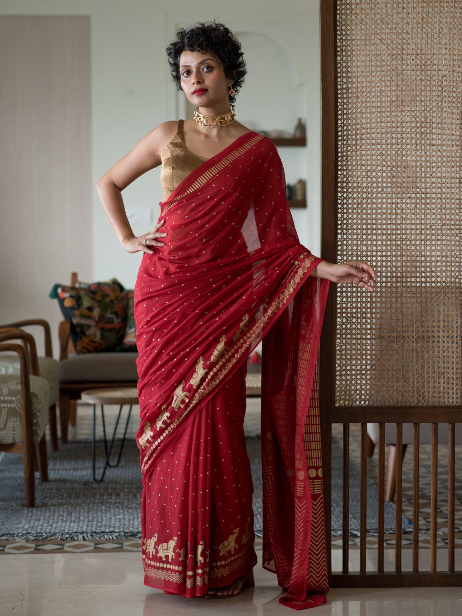 red polka dots cotton blend saree without blouse