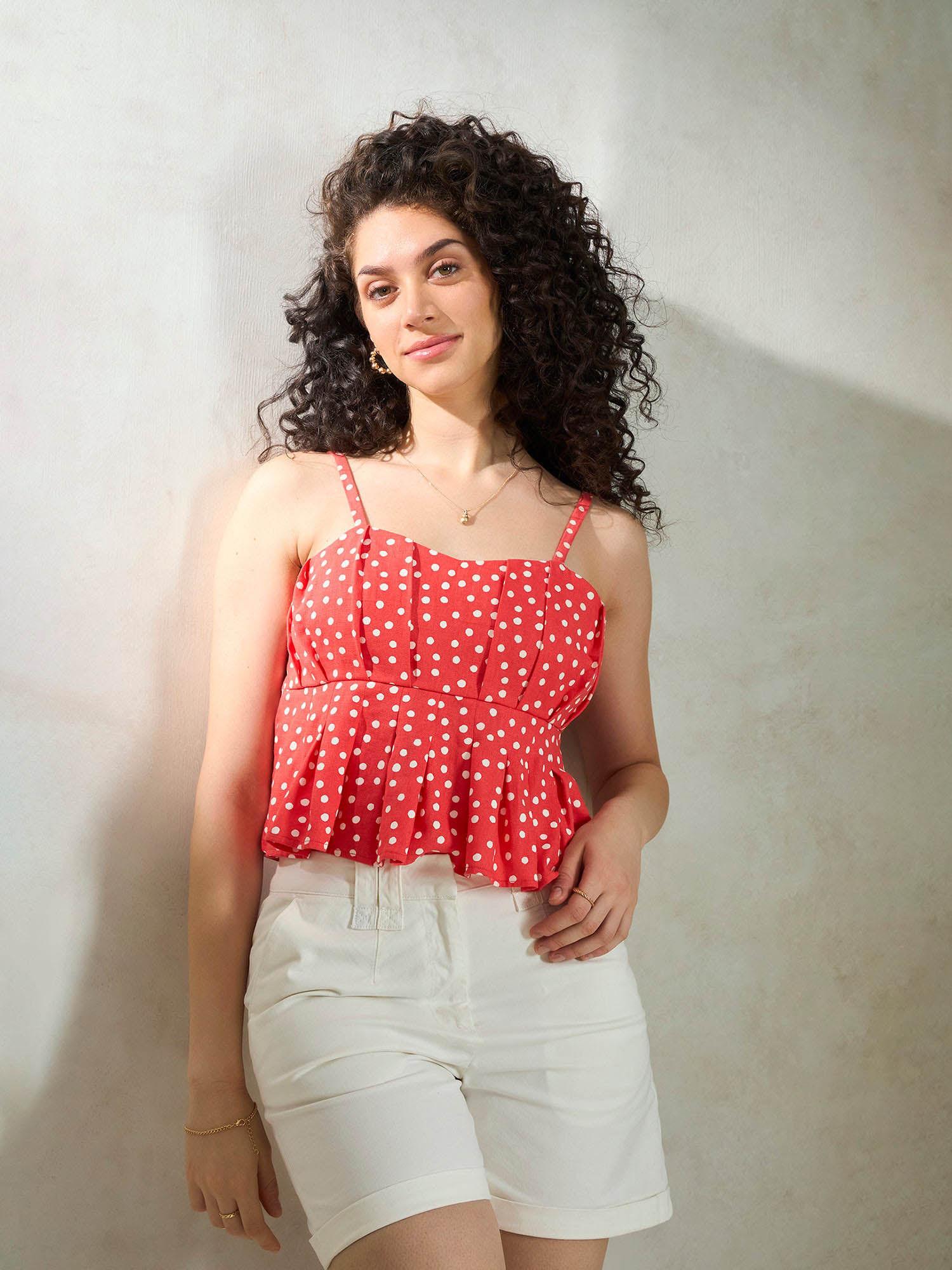 red polka dots cotton linen bustier top