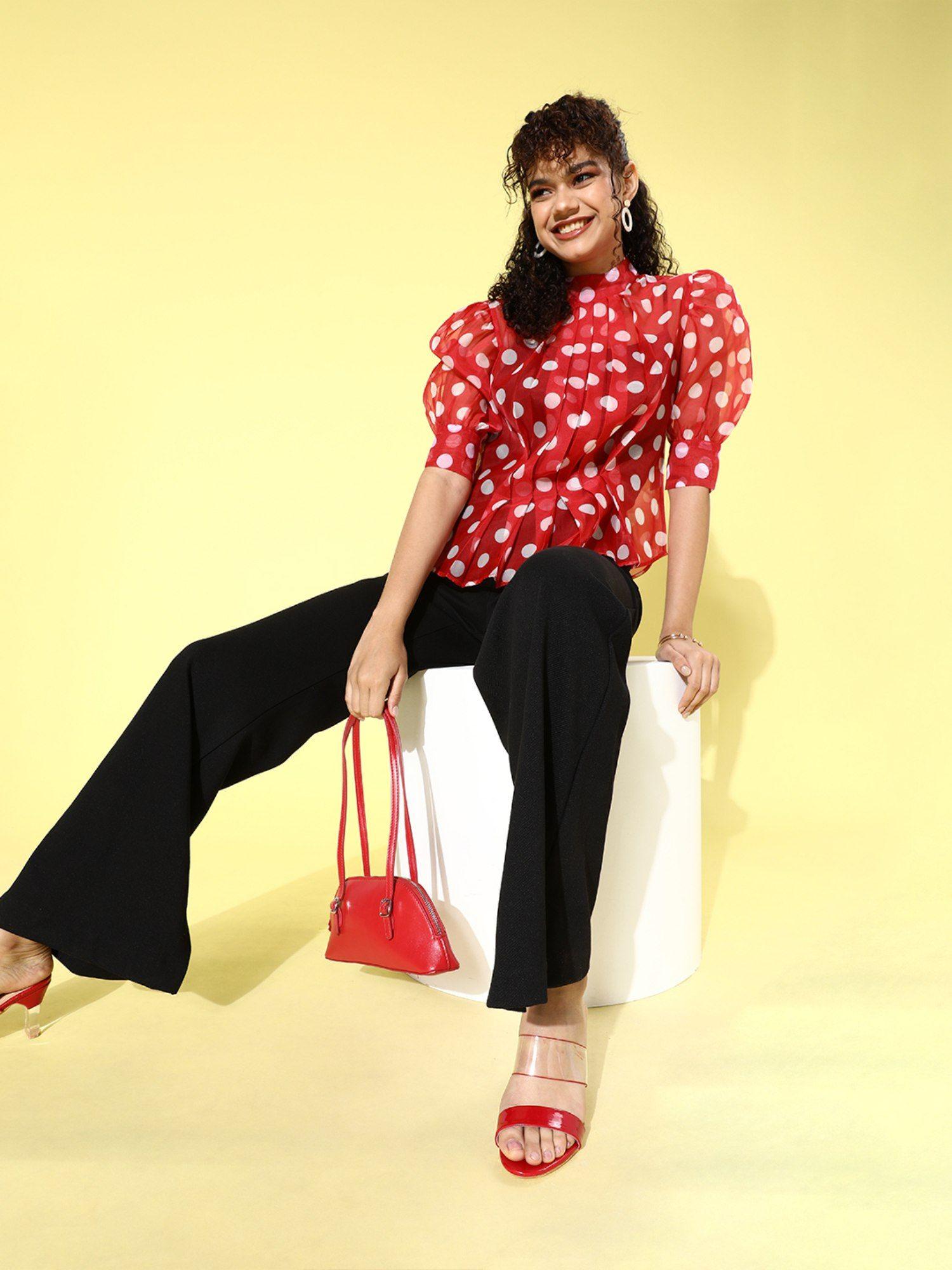 red polka dots puff sleeves top