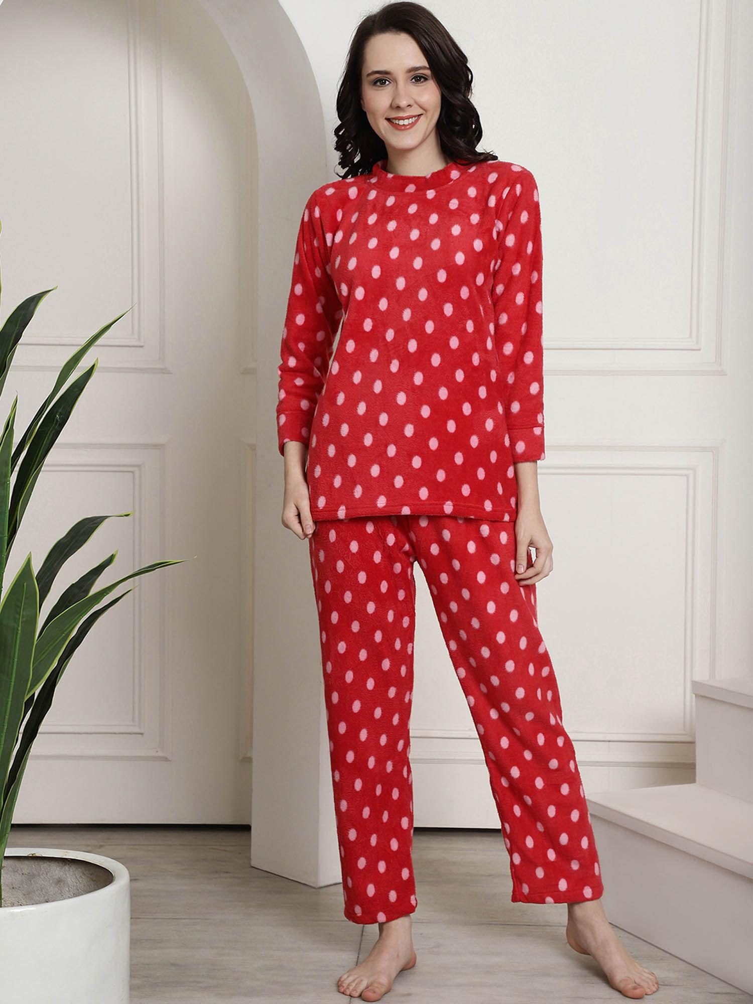 red polka dots winter night suit (set of 2)