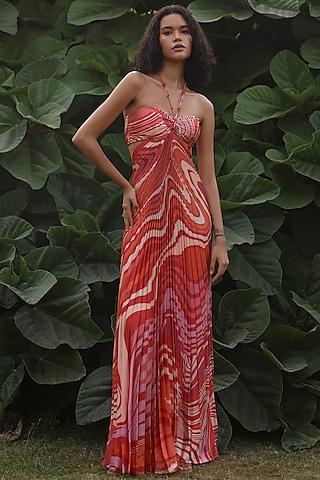 red poly armani satin printed draped dress