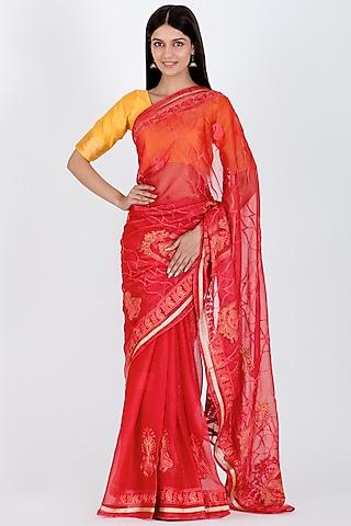 red poly chiffon saree set