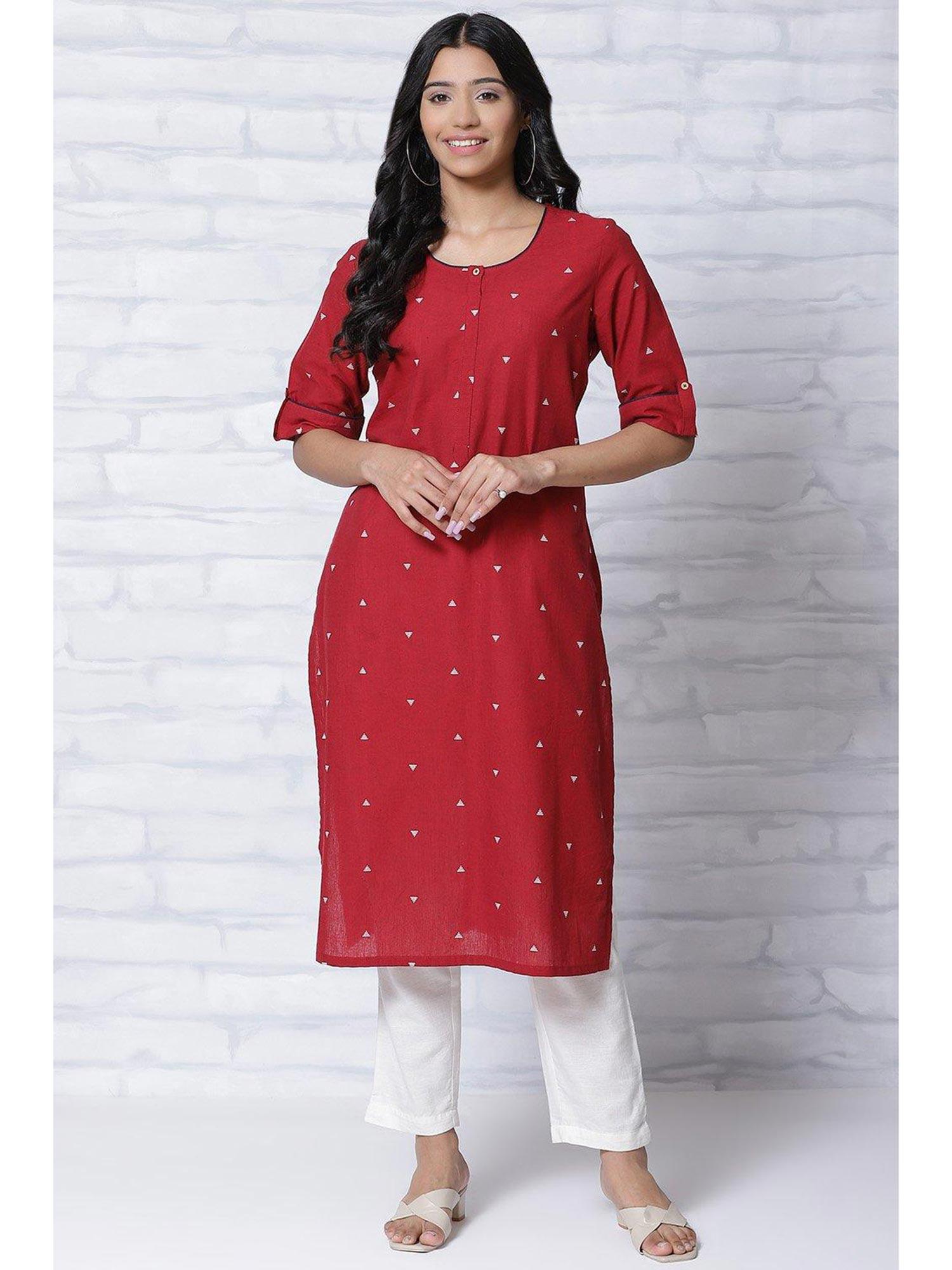 red poly cotton straight kurta