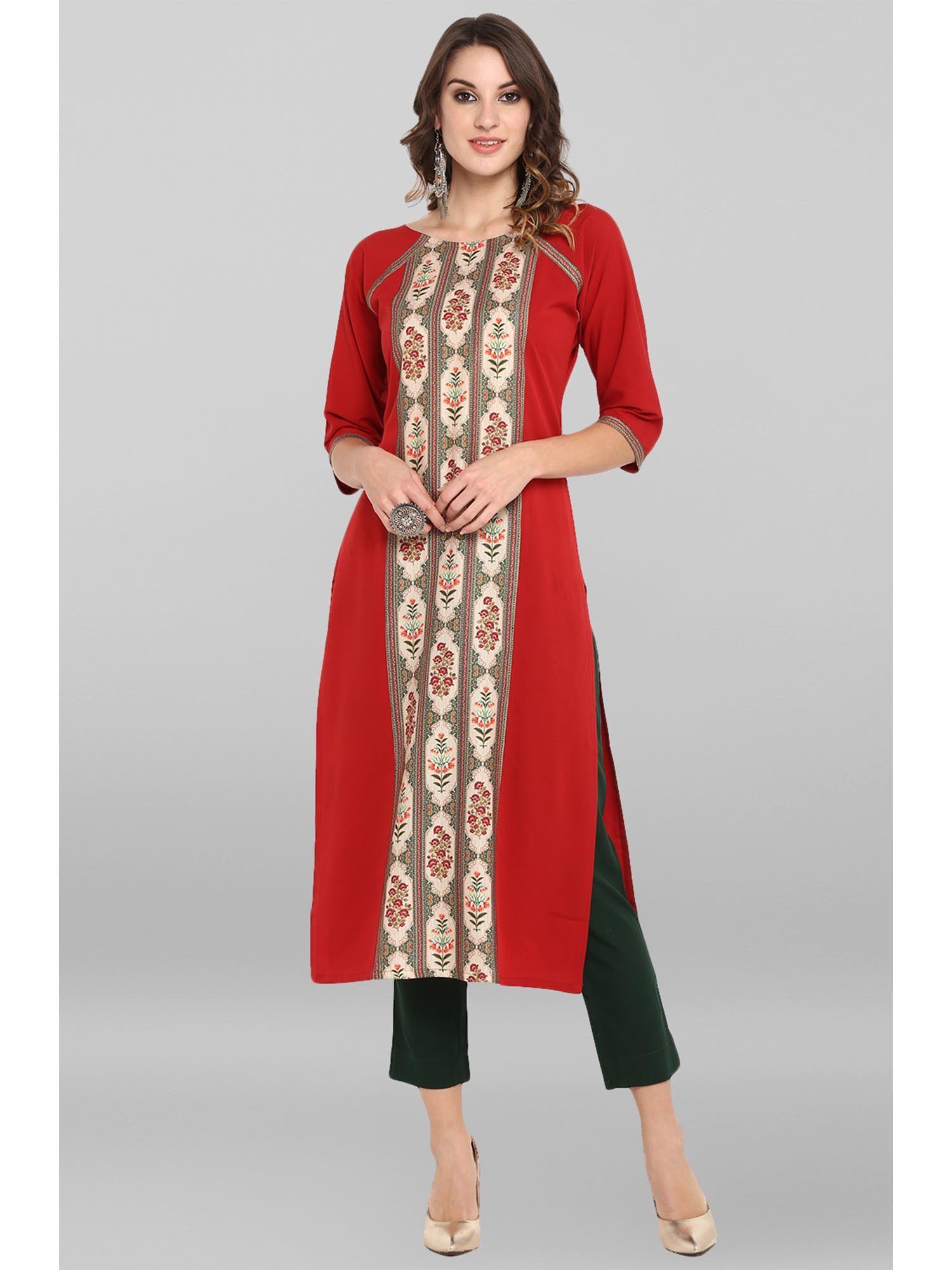 red poly crepe printed straight kurta