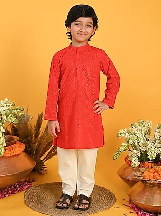 red poly georgette & cotton embroidered kurta set for boys