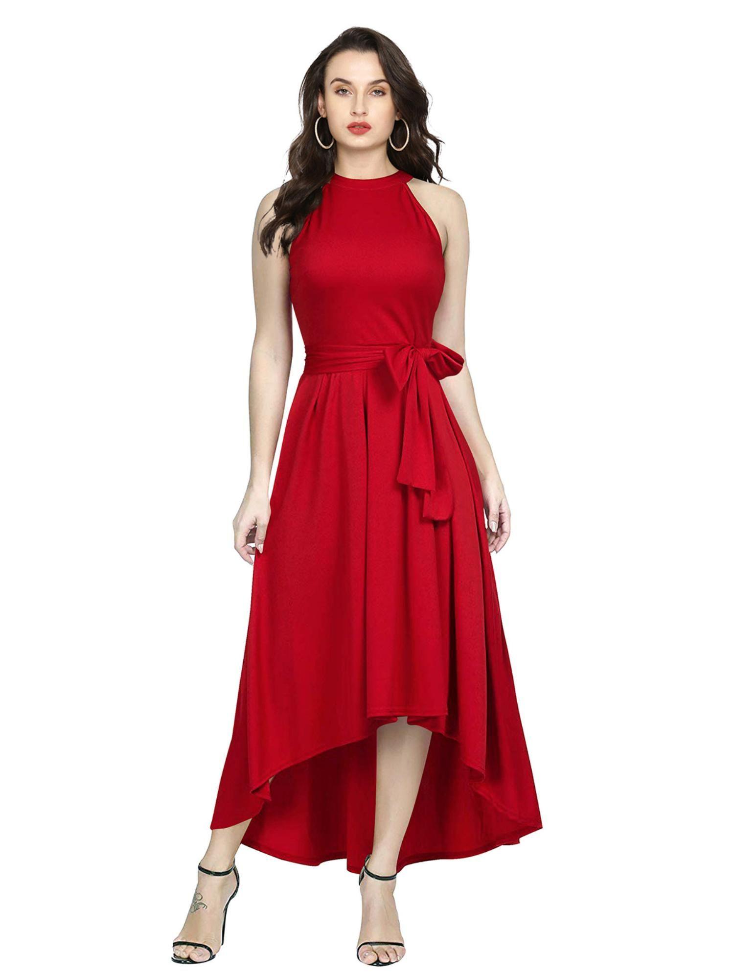 red polyester high low dress for women (set of 2)