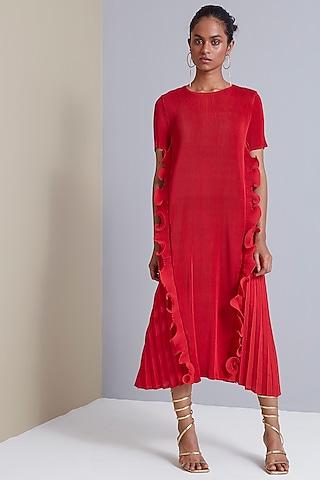 red polyester midi dress