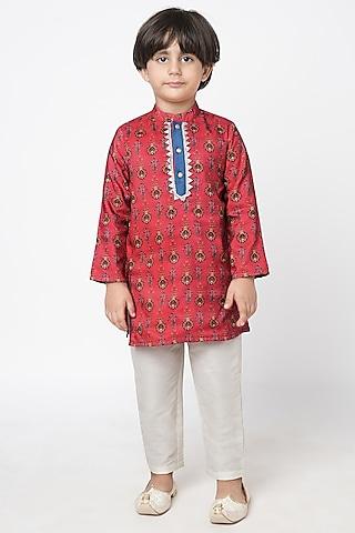 red polyester printed kurta set for boys