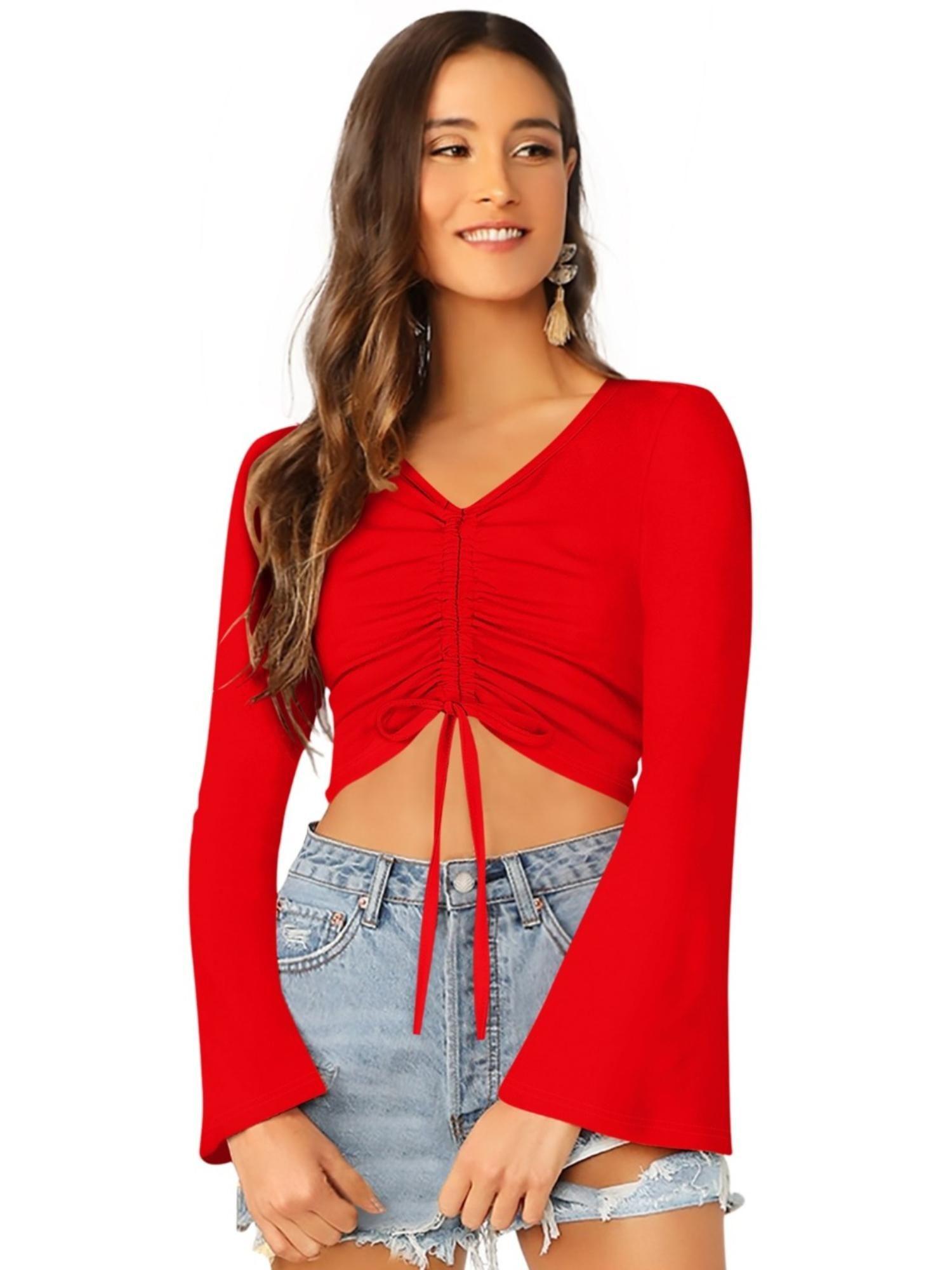 red polyester solid crop top for women