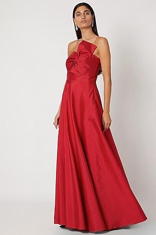 red polyester tube gown with bow
