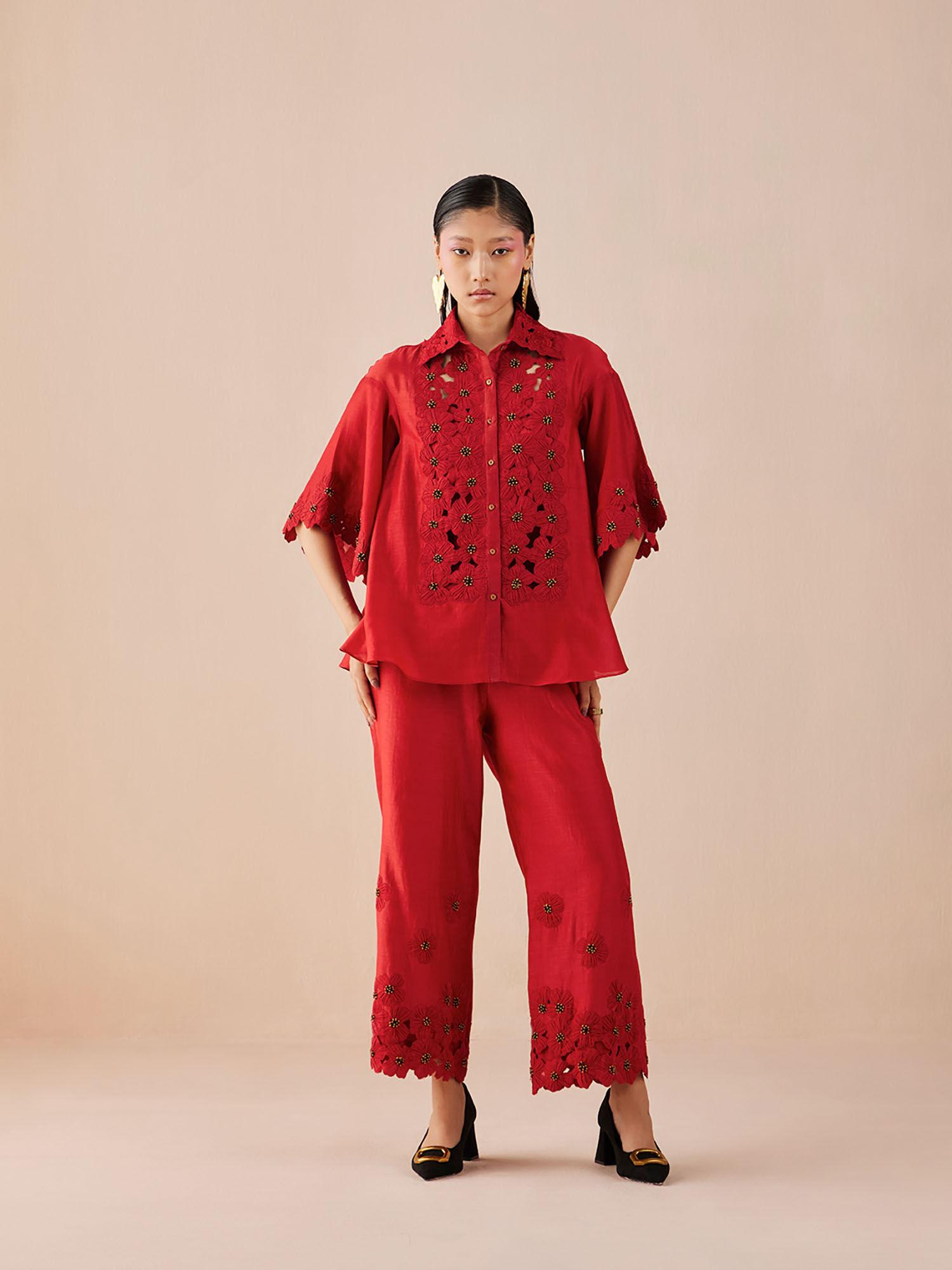 red poppy applique pants