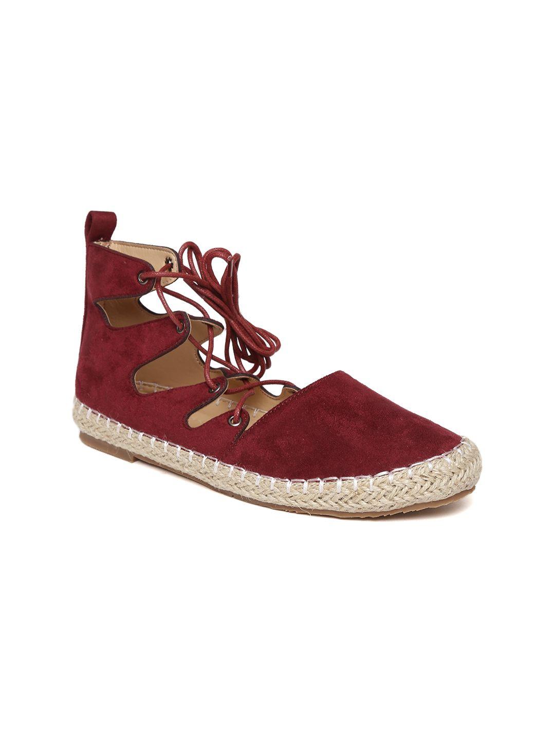 red pout women maroon solid lace-up espadrille flats