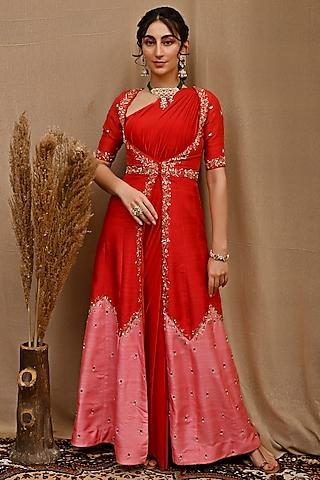 red pre-draped saree set with hand embroidered jacket