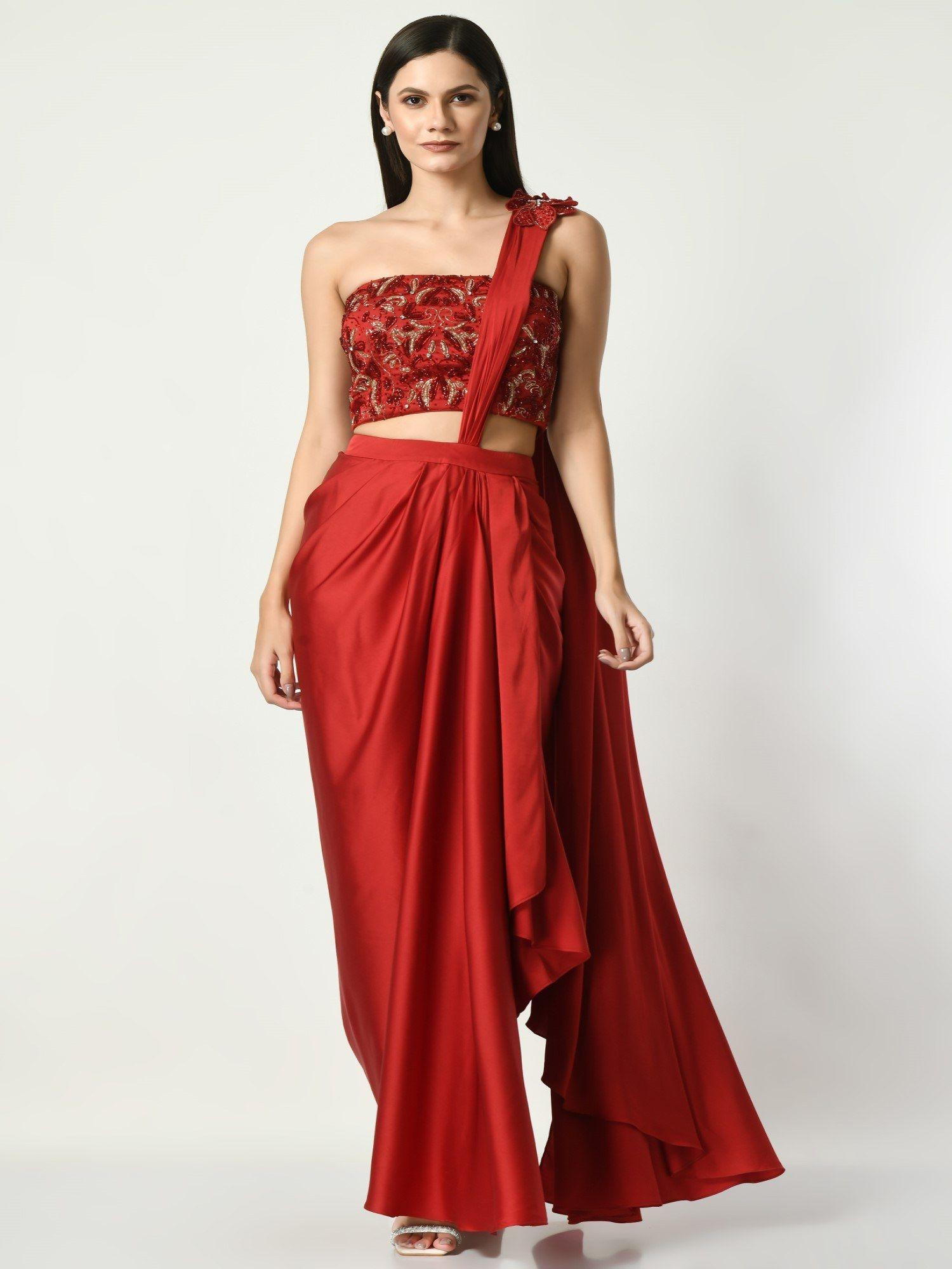 red pre-draped saree with strapless corset sequined with stitched blouse