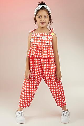 red premium cotton cambric printed jumpsuit for girls