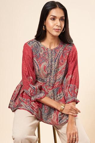 red print casual full sleeves round neck women flared fit  top