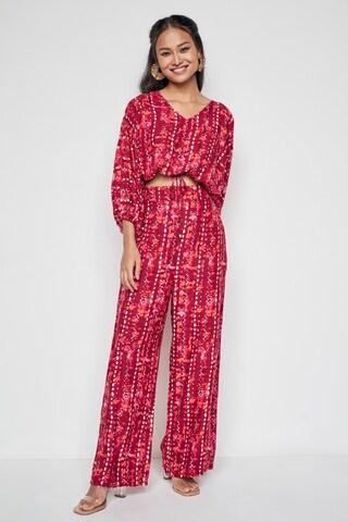 red print casual full sleeves v neck women loose fit coordinates set