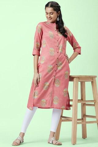 red print casual mandarin 3/4th sleeves calf-length women regular fit kurta