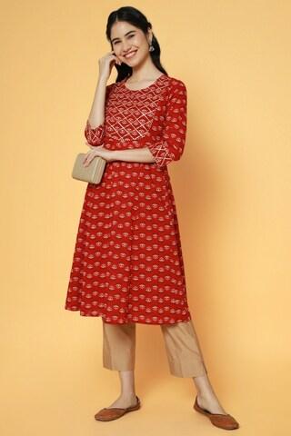 red print casual round neck 3/4th sleeves calf-length women flared fit kurta