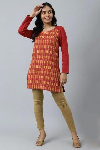 red print casual round neck full sleeves women straight fit kurta