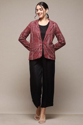 red print casual three fourth sleeves notch lapel women straight fit jackets